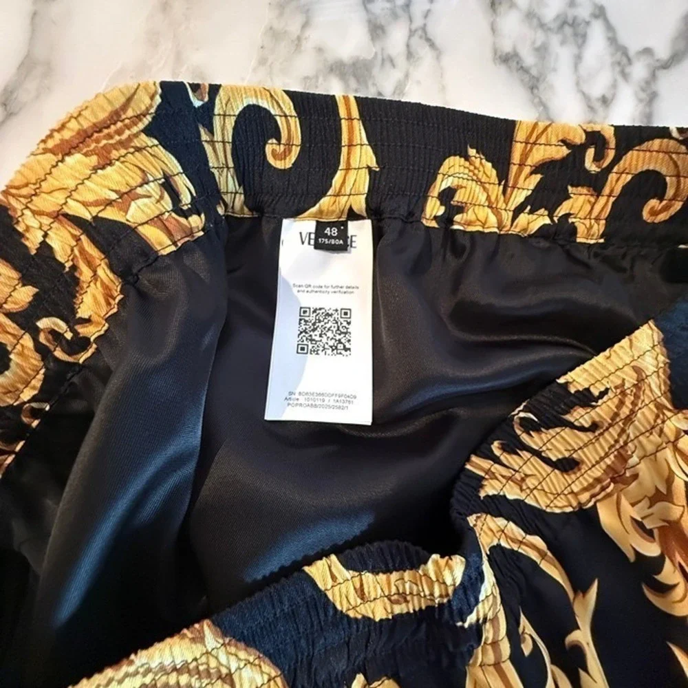 Versace Men'sBaroque Print Twill Poly Shorts Black Gold Print Shorts, sz‎ 48